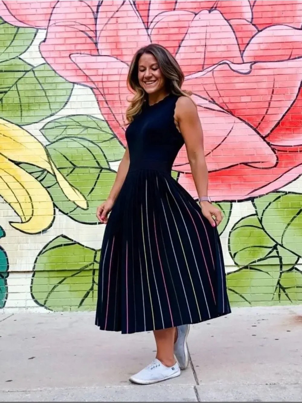 kate spade Black Pleated Dress with Multicolor Pinstripes
